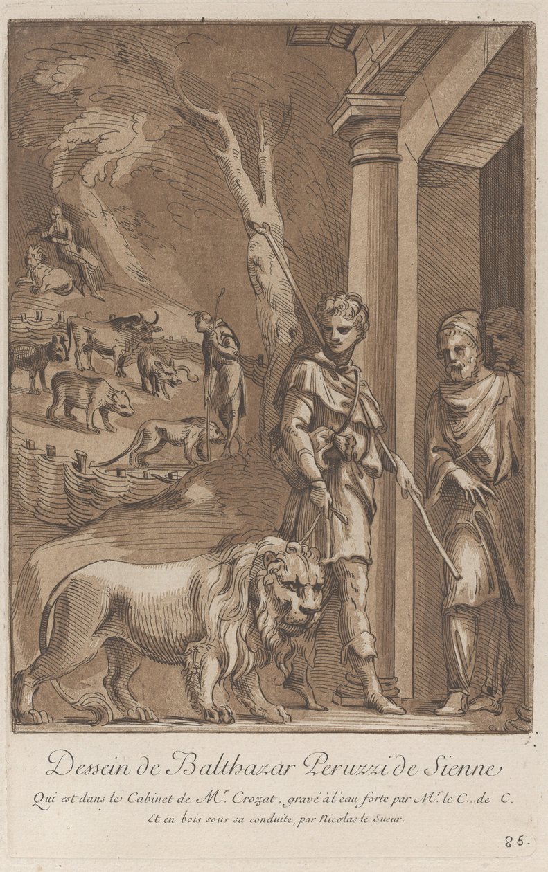 Um pastor segurando um leão na coleira em primeiro plano, no meio o sh..., ca. 1729-64 de Anne Claude Philippe de