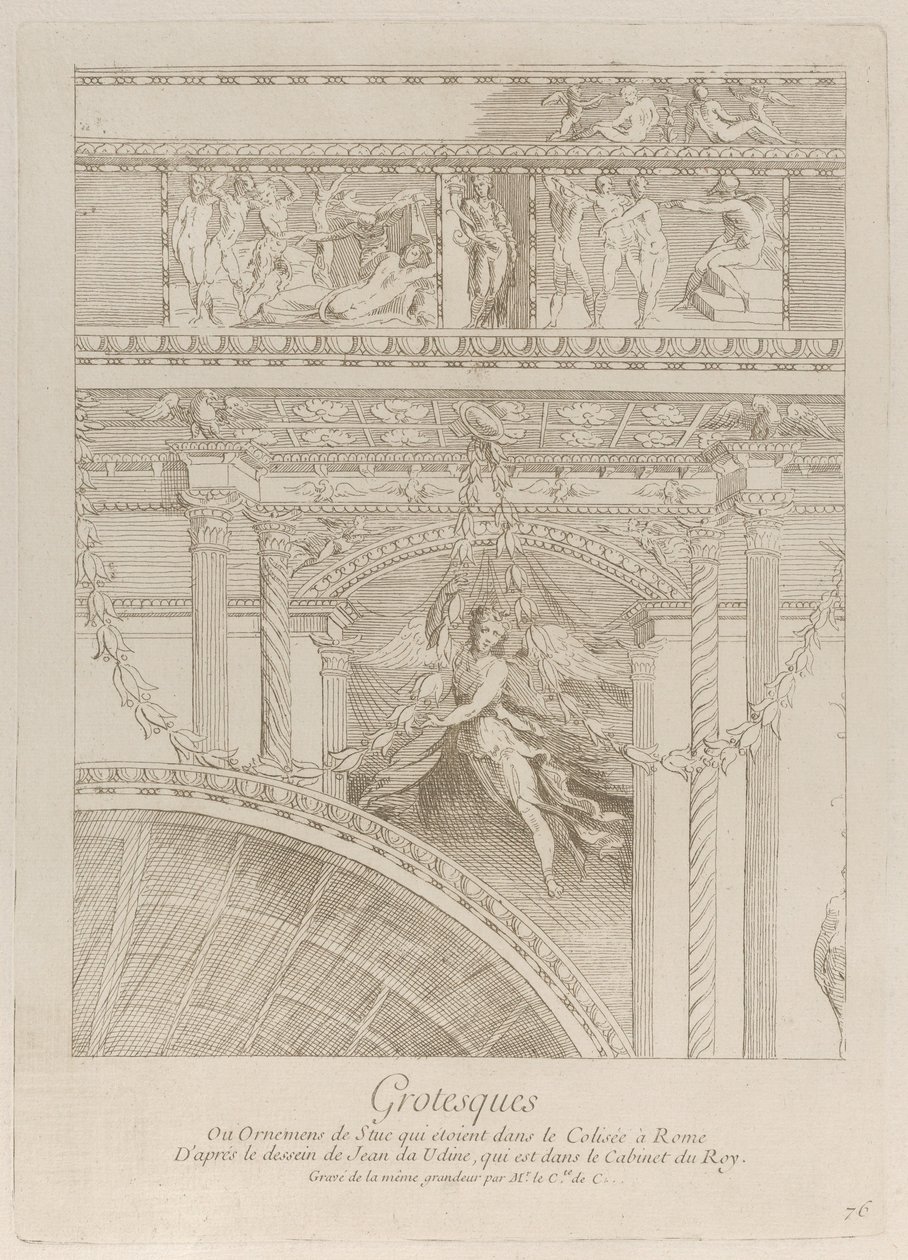 Grotescos: detalhe dos relevos em estuque que decoram o Coliseu de Roma, com uma asa..., ca. 1729. de Anne Claude Philippe de Caylus