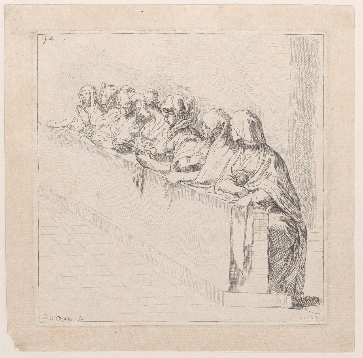 Sete mulheres sentadas atrás de um muro baixo, século XVIII. de Anne Claude Philippe de Caylus