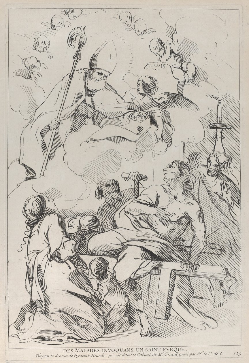 Pessoas doentes convocando um santo bispo, que aparece no canto superior esquerdo, 1729-40. de Anne Claude Philippe de Caylus