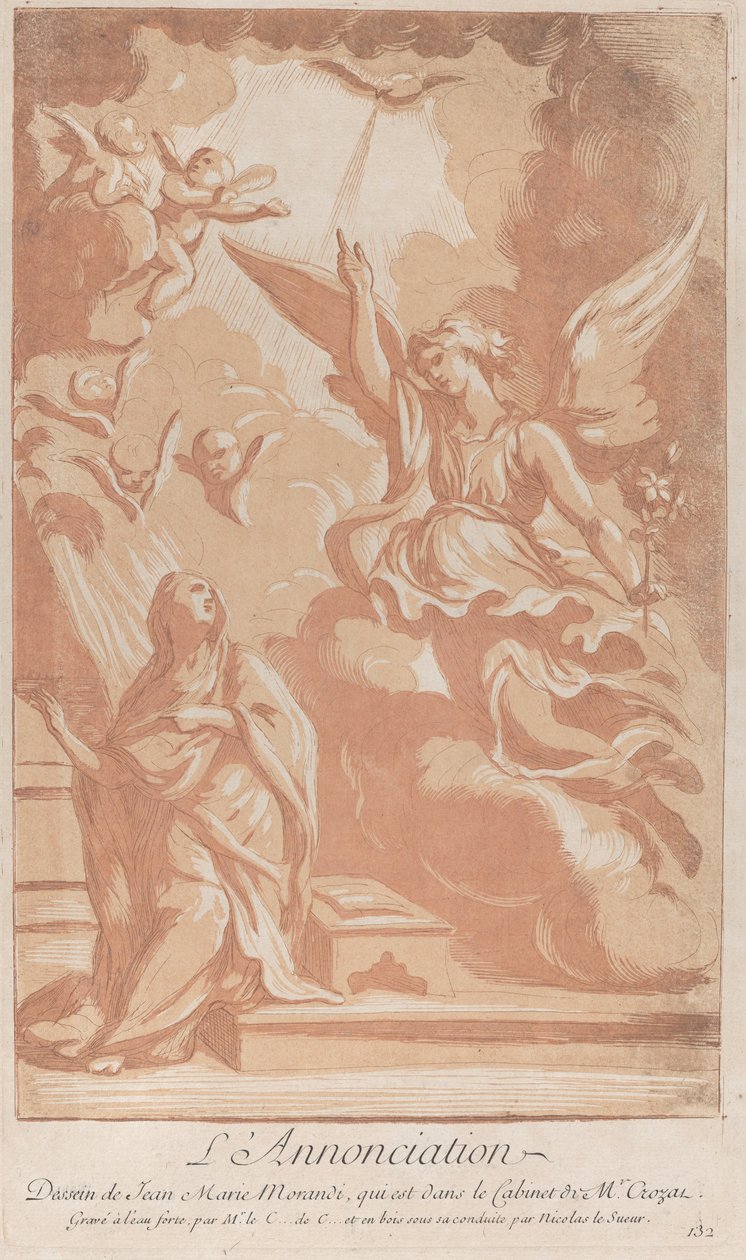A Anunciação com a Virgem ajoelhada à esquerda e Gabriel aparecendo à direita, ca. ..., cerca de 1729. de Anne Claude Philippe de Caylus