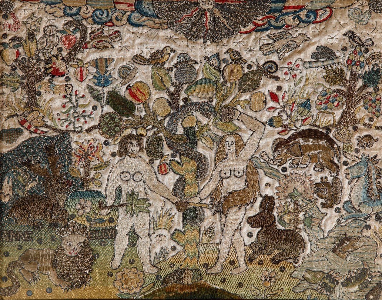 Um quadro de agulhas retratando Adão e Eva de Anne Ellys