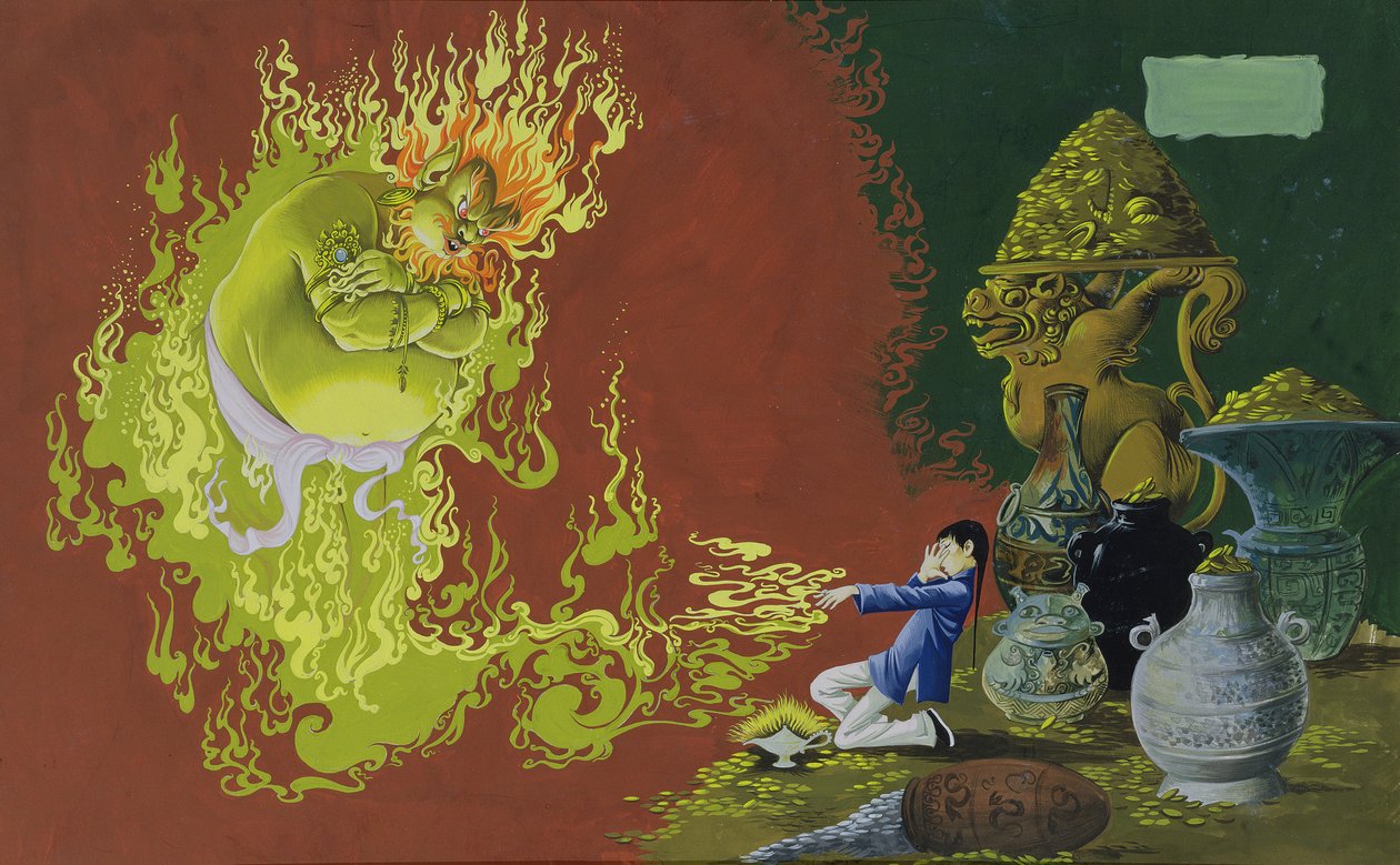 Aladdin, ilustração do livro da medalha de ouro dos decanos da fada, bar do número 2 dos contos. por Dean & Sons Ltd., 1965 (guache em papel matizado) de Anne Grahame Johnstone