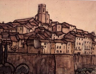 Vista de uma cidade murada com telhado subindo para uma torre quadrada em uma colina (wc) de Anne L. Falkner