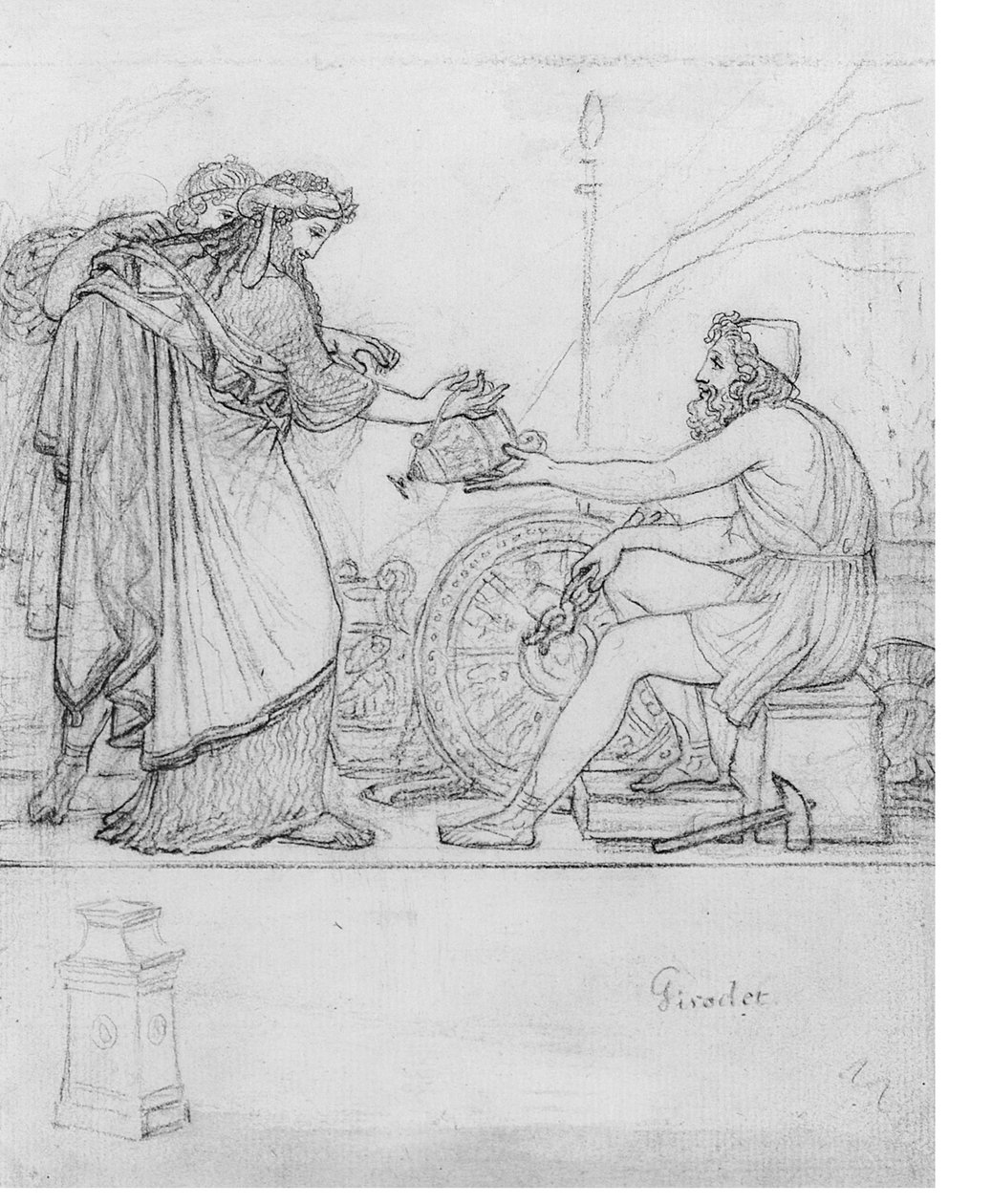 Anacreonte recebendo um vaso de prata de duas figuras em pé, com um estudo de uma estela: Uma ilustração para a Ode XVII de Anacreonte com a inscrição &39;Girodet&39; (giz preto no papel) de Anne Louis Girodet de Roucy Trioson