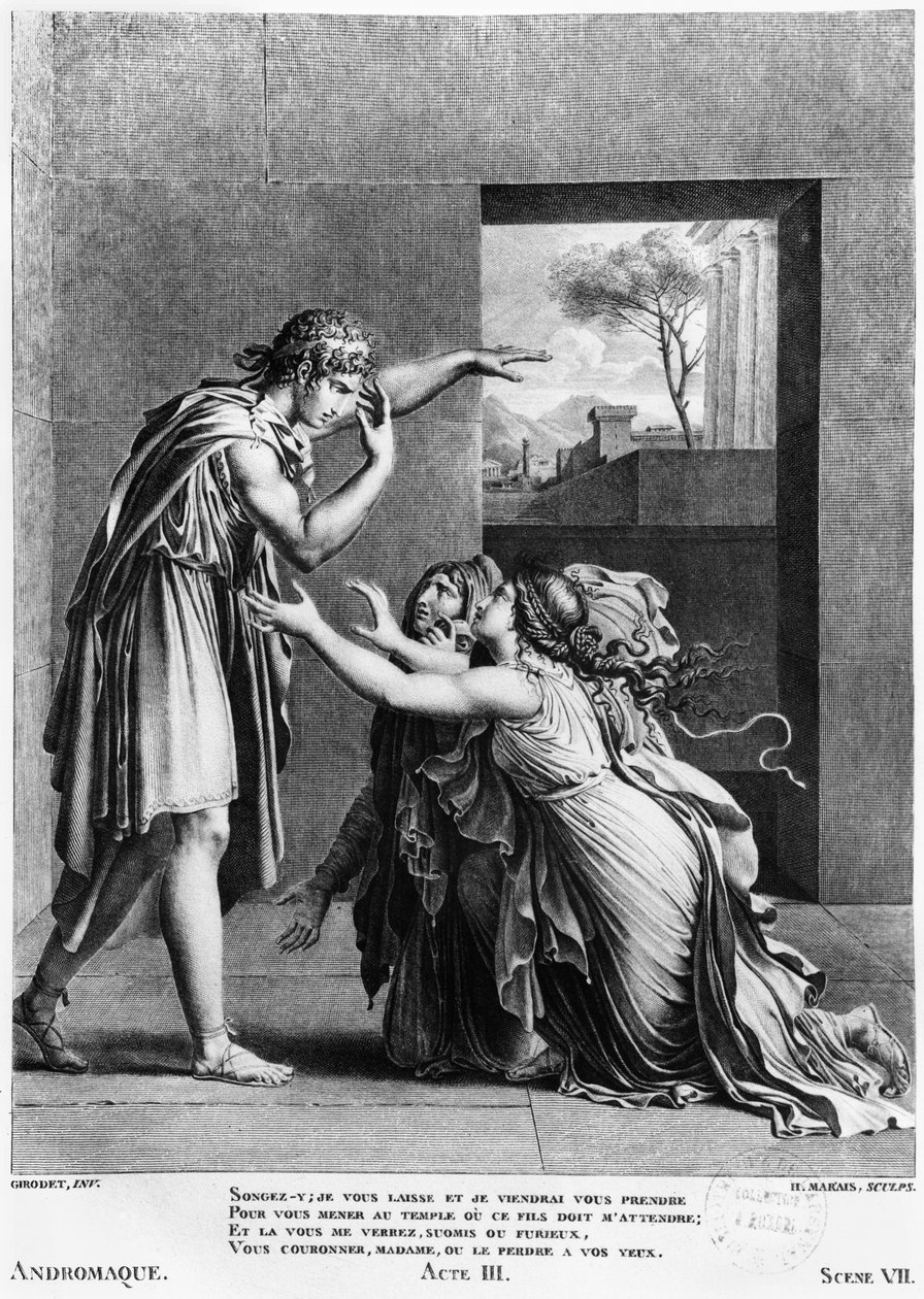 Andrómaca aos pés de Pirro, ilustração do Ato III Cena 7 de &39;Andromaque&39; de Jean Racine (1639-99) gravado por Henri Marais (bc1768) de Anne Louis Girodet de Roucy Trioson