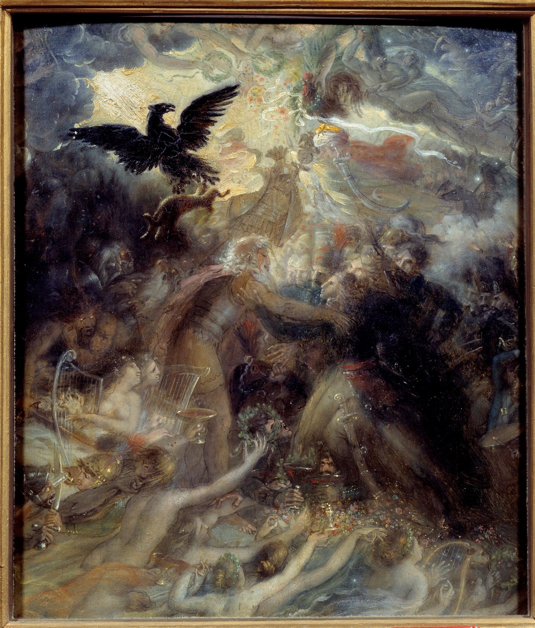 Apoteose dos heróis franceses que morreram pela pátria durante a Guerra da Liberdade, homenagem oferecida a Napoleão Bonaparte Alegoria em representação do bardo Ossian, poeta escocês do século III lido por Napoleão, que acolheu os generais Louis Charles A de Anne Louis Girodet de Roucy Trioson