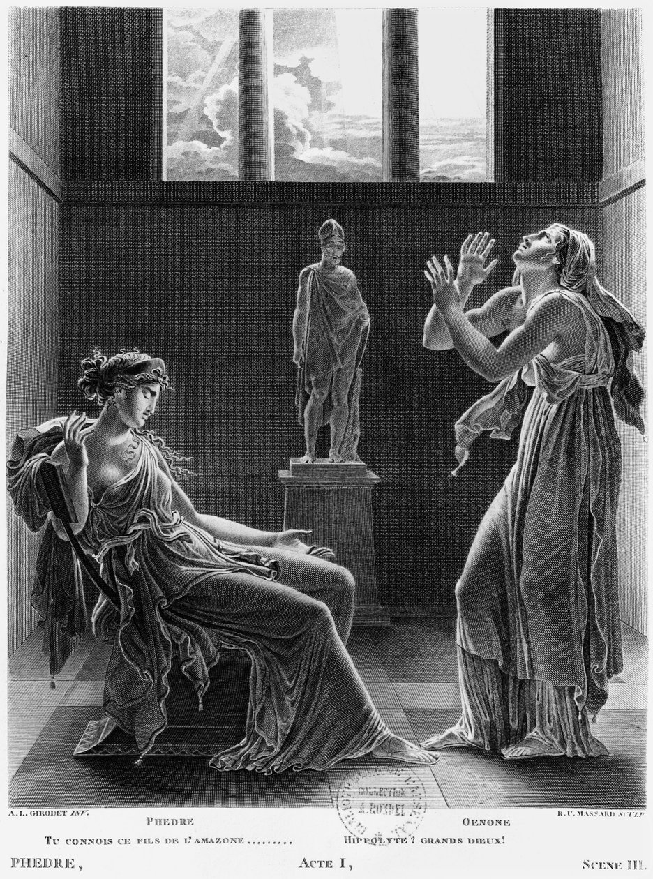 Phaedra e Oenone, ilustração do Ato I Cena 3 de &39;Phedre&39; de Jean Racine (1639-99) gravada por Raphael Urbain Massard (1775-1843) 1824 de Anne Louis Girodet de Roucy Trioson
