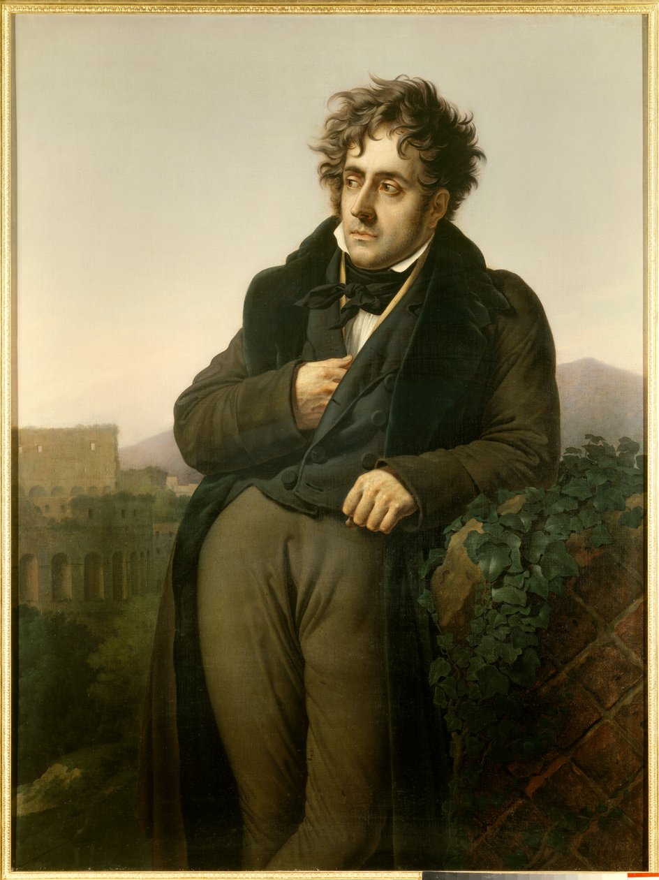Retrato de François Rene, visconde de Chateaubriand (1768-1848) meditando sobre as ruínas de Roma em frente à vista do Coliseu de Anne Louis Girodet de Roucy Trioson