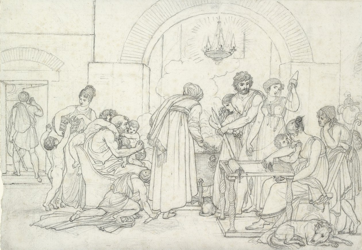 Interior Rústico na Antiguidade (giz preto sobre papel branco de textura fina) de Anne Louis Girodet de Roucy Trioson