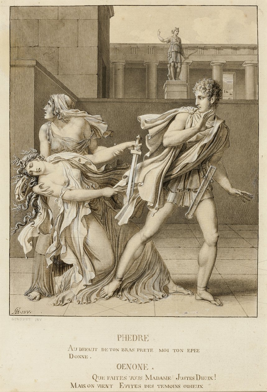 Fedra, tendo declarado sua paixão, tenta se matar com a espada de Hipólito de Anne Louis Girodet de Roussy Trioson