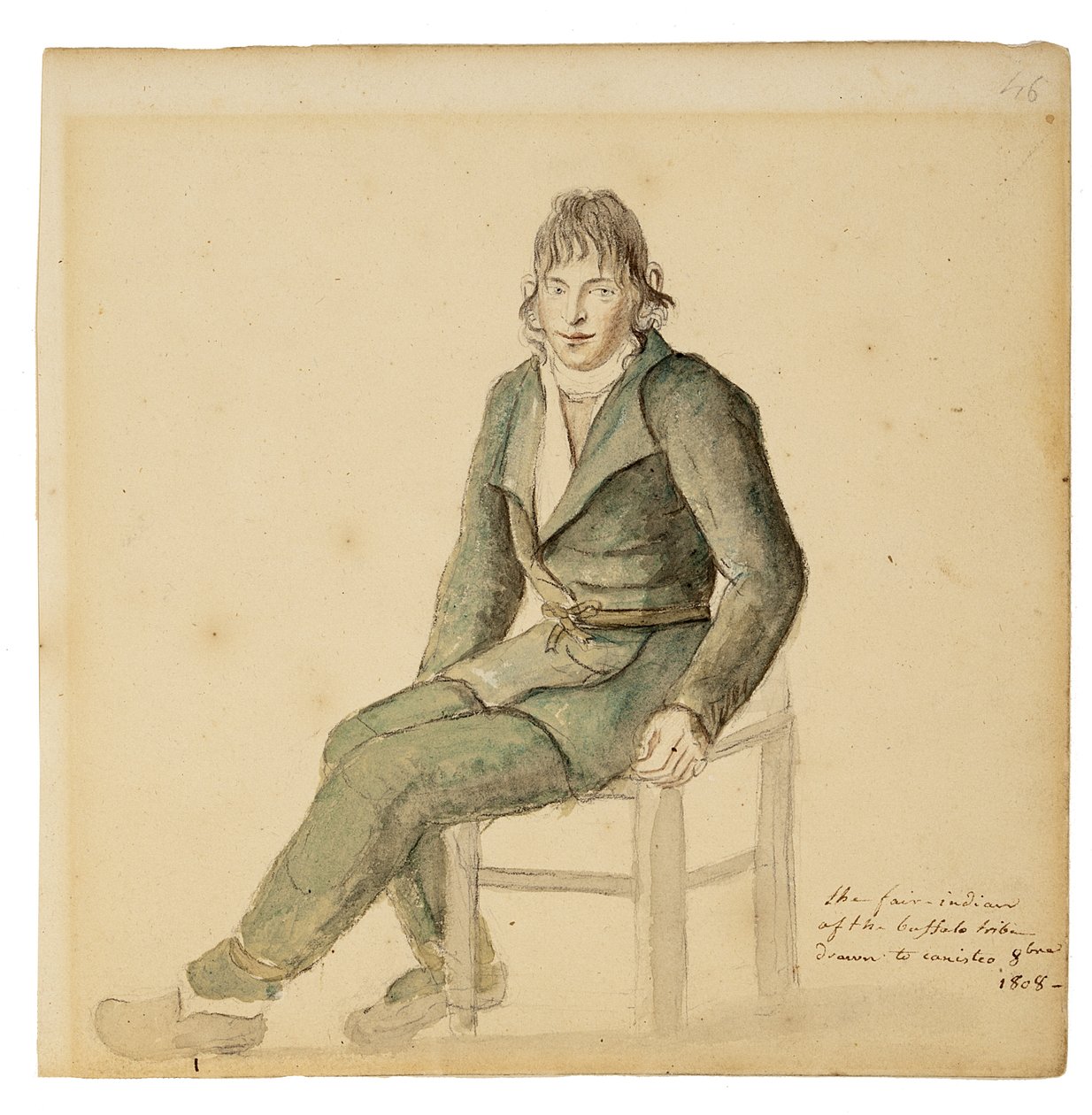 Homem indiano americano justo da tribo do búfalo, Canisteo, New York, 1808 (aguarela, grafite, e carvão no papel) de Anne Marguerite Hyde de Neuville
