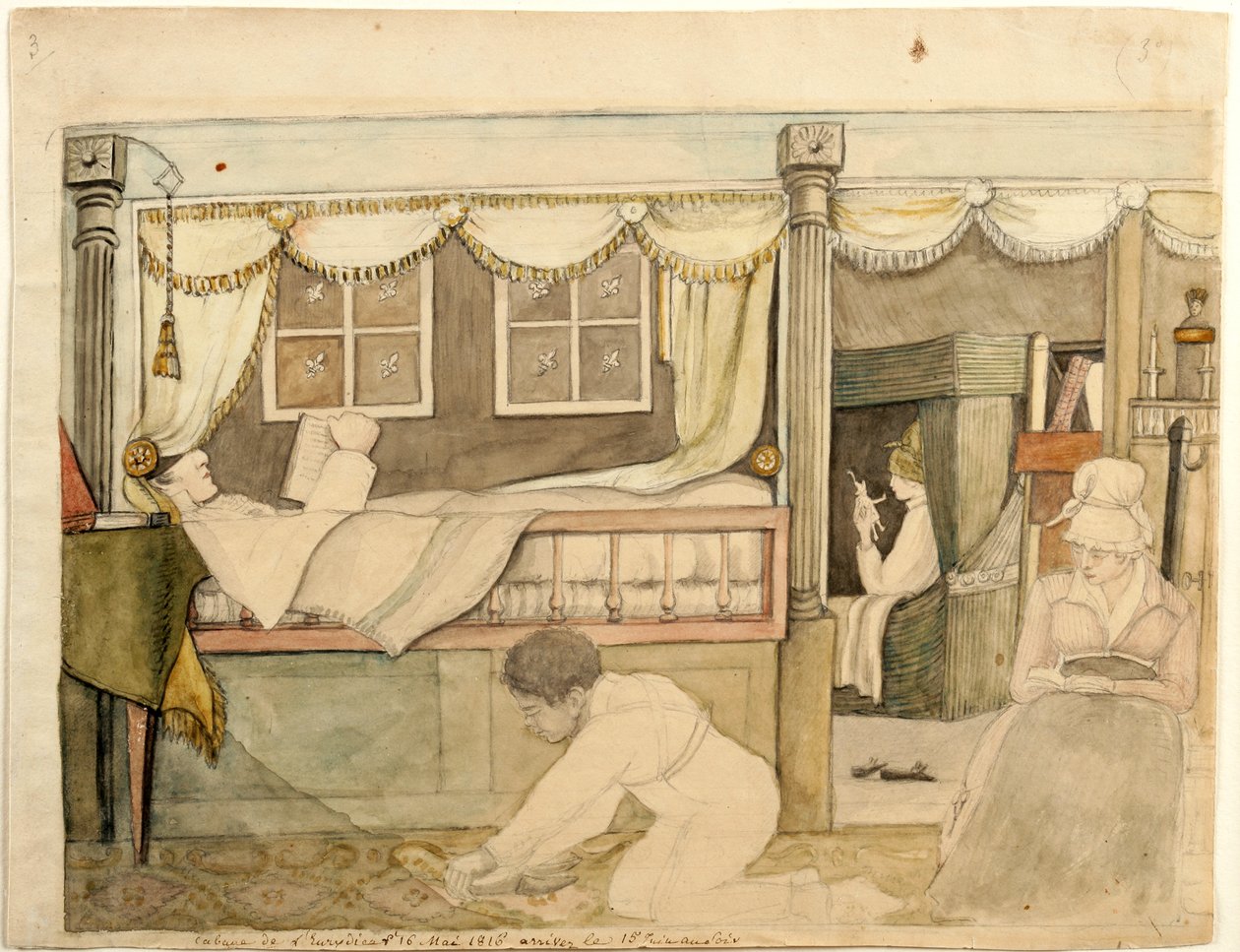 O Hyde De Neuville Cabin na Eurydice, 1816 (aquarela, grafite e tinta preta e marrom no papel, montada no cartão) de Anne Marguerite Hyde de Neuville