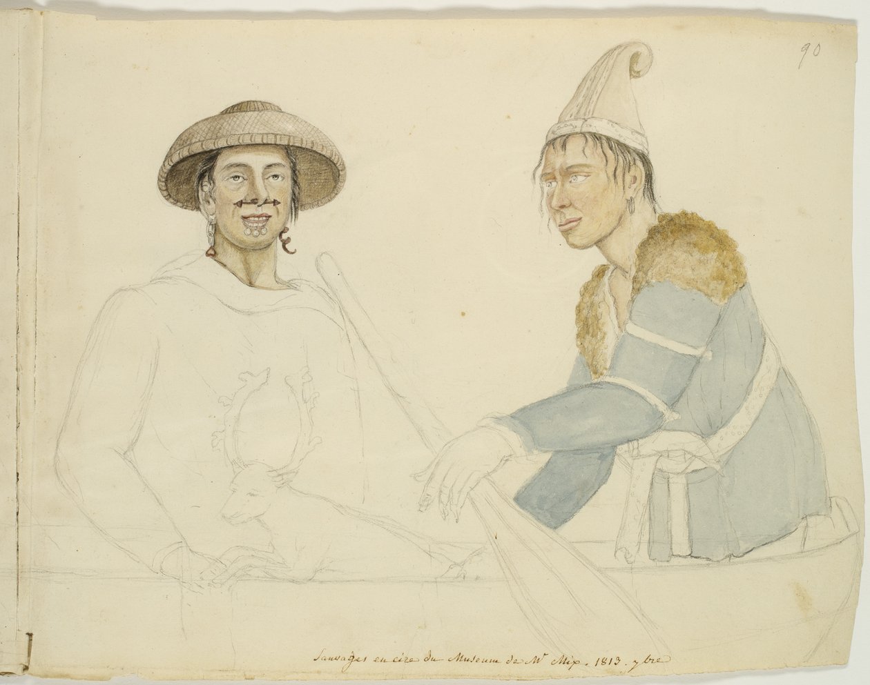 Duas figuras de cera de indígenas americanos no Mix&39;s Museum, em New Haven, Connecticut, 1813 (aquarela, grafite e tinta preta sobre papel) de Anne Marguerite Hyde de Neuville