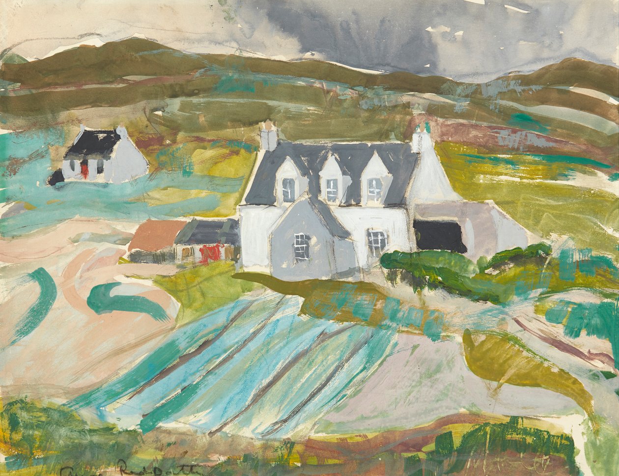 Casas de campo em Clachanish, Skye (lápis e aguarela) de Anne Redpath
