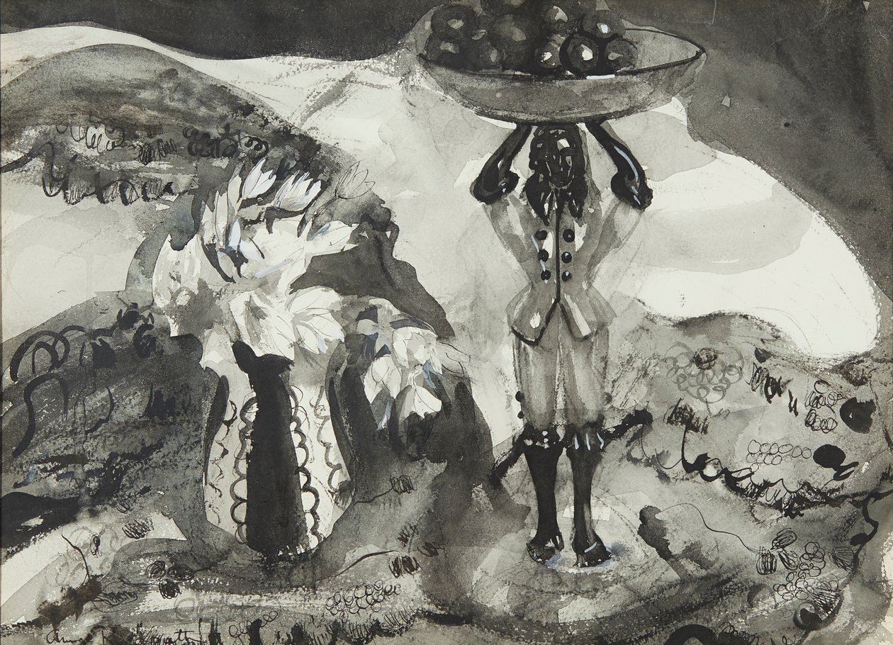 Natureza Morta com Figurine (aguarela a preto e branco) de Anne Redpath