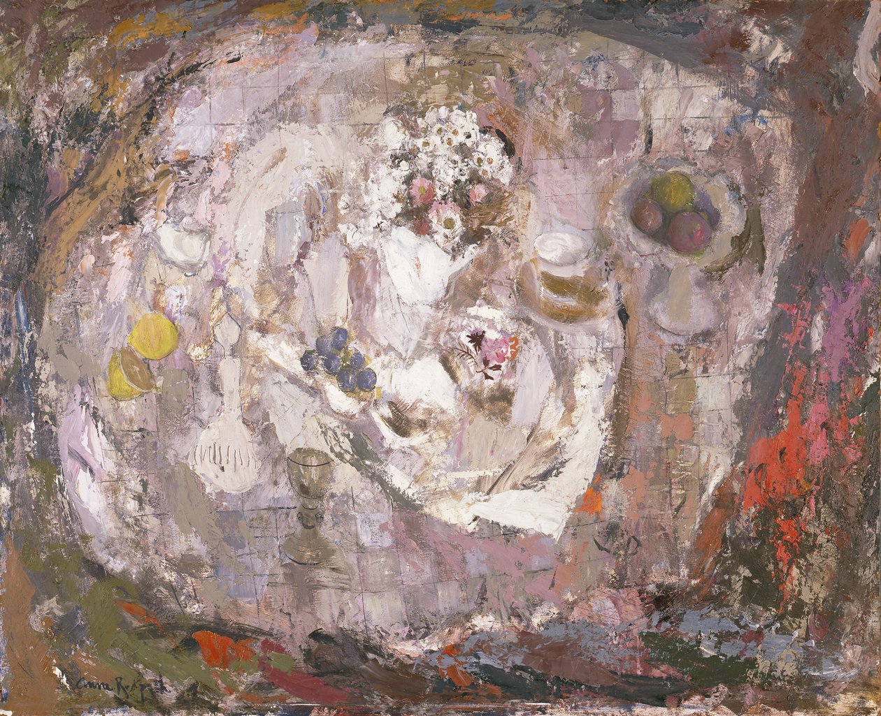 Tampo de mesa, c.1961 (óleo sobre cartão) de Anne Redpath