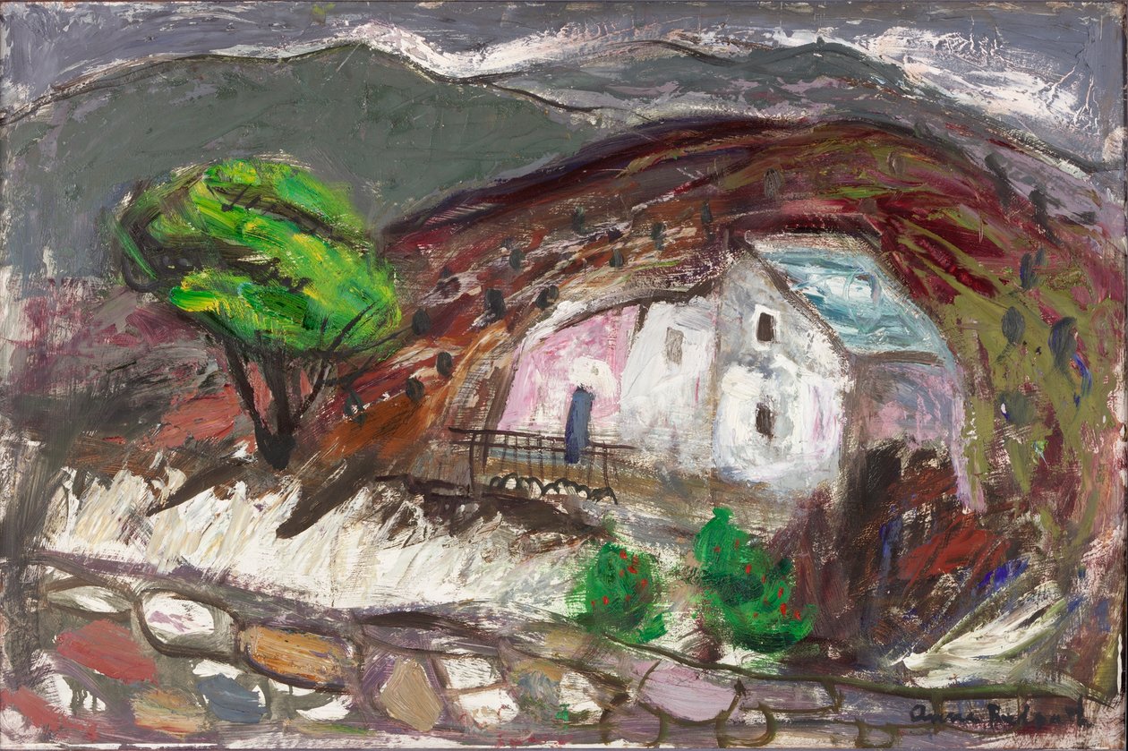 O Vale de San Martino di Lota, Córsega, c.1950-60 (petróleo a bordo) de Anne Redpath
