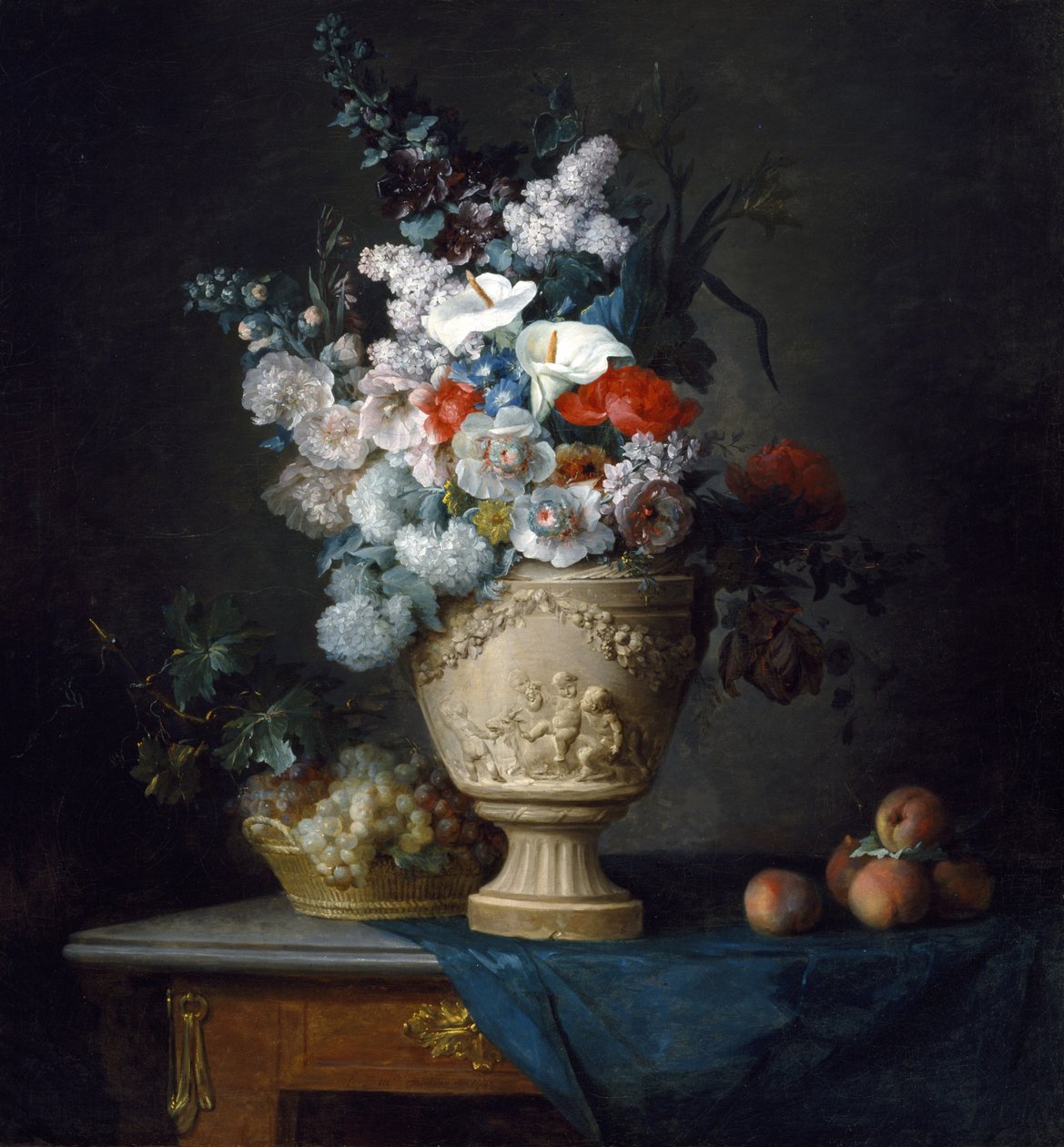 Buquê de flores em um vaso de terracota com pêssegos e uvas de Anne Vallayer Coster