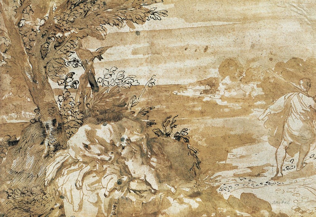 Paisagem com ela lobo amamentando Romulus e Remus de Annibale Carracci