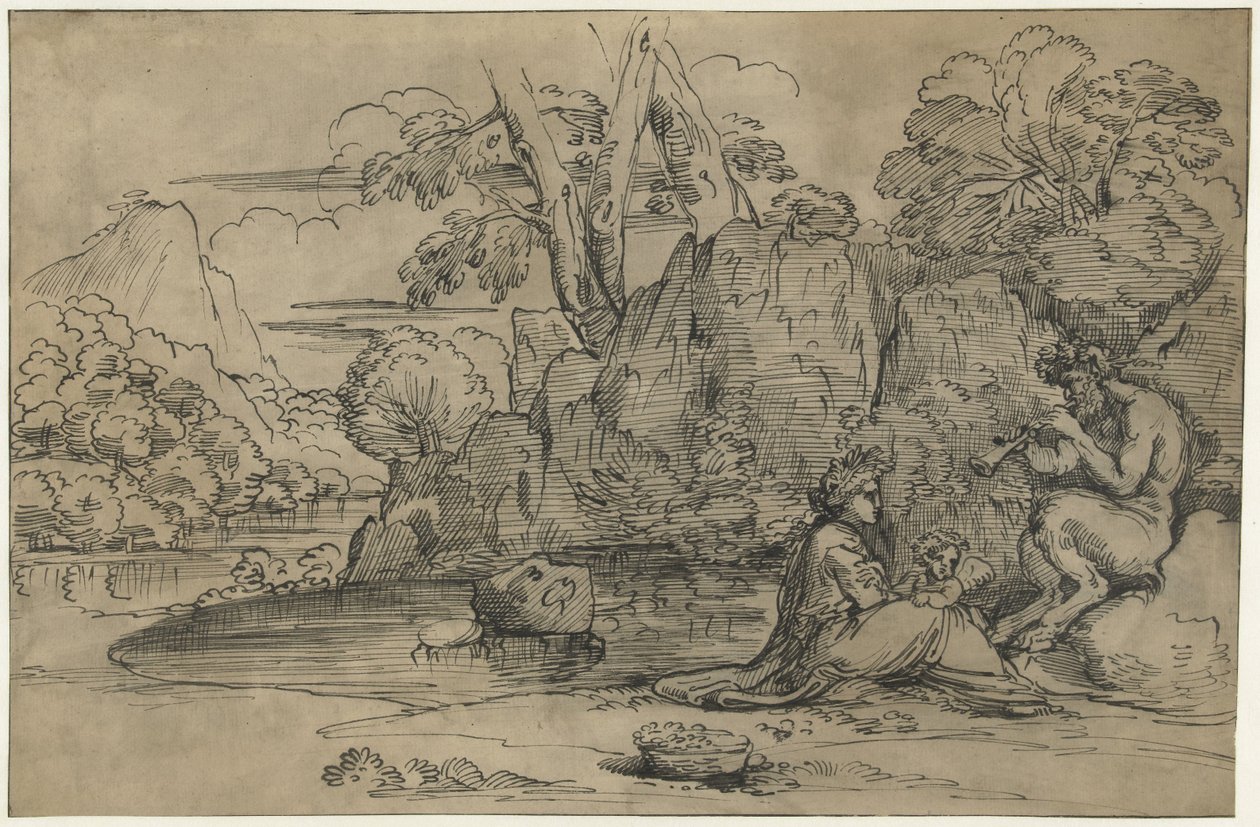Paisagem com um sátiro tocando flauta, mulher e putto de Annibale Carracci (attributed to)