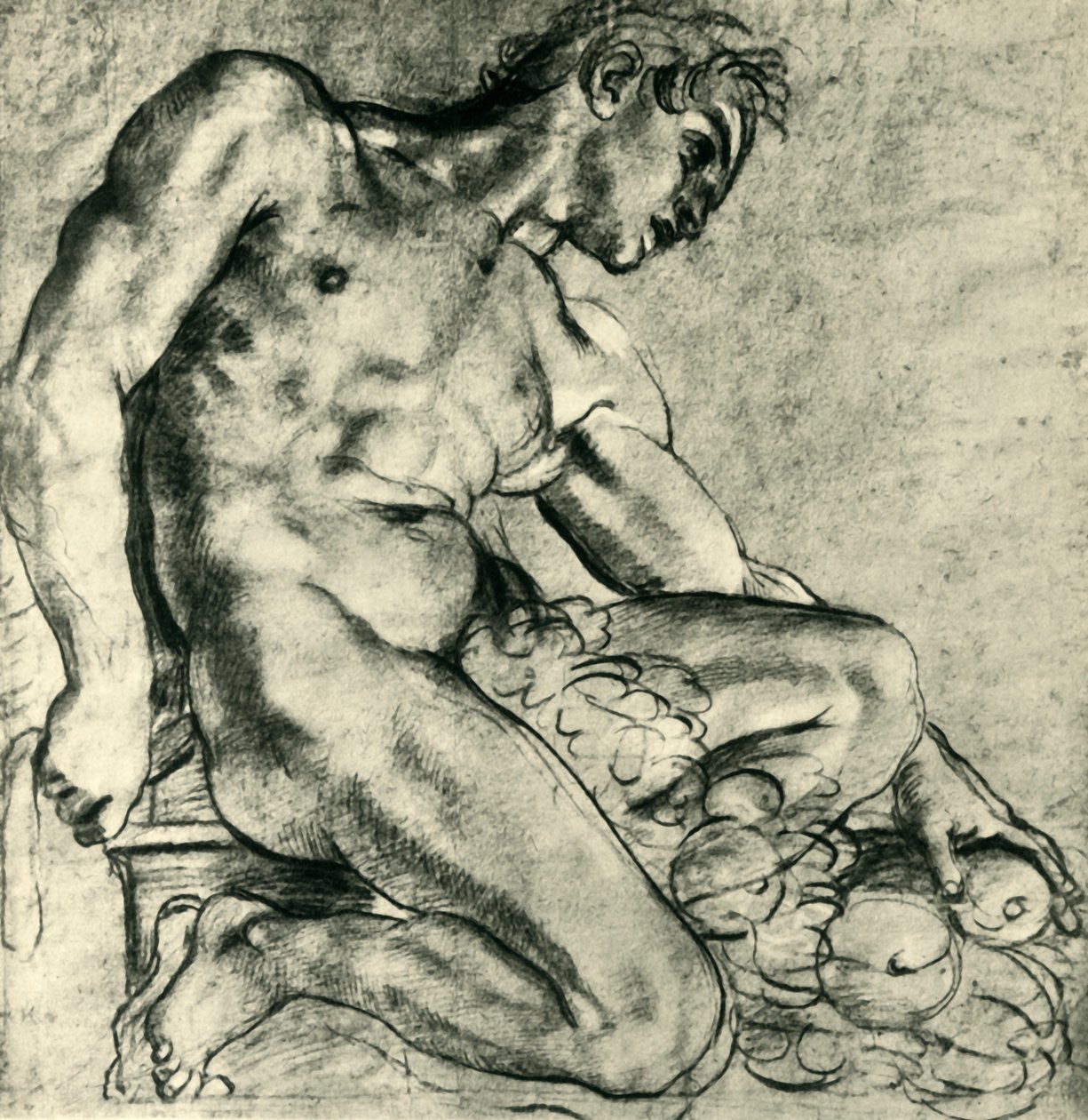 Um Ignudo sentado com uma guirlanda, 1598-1599, 1943. de Annibale Carracci