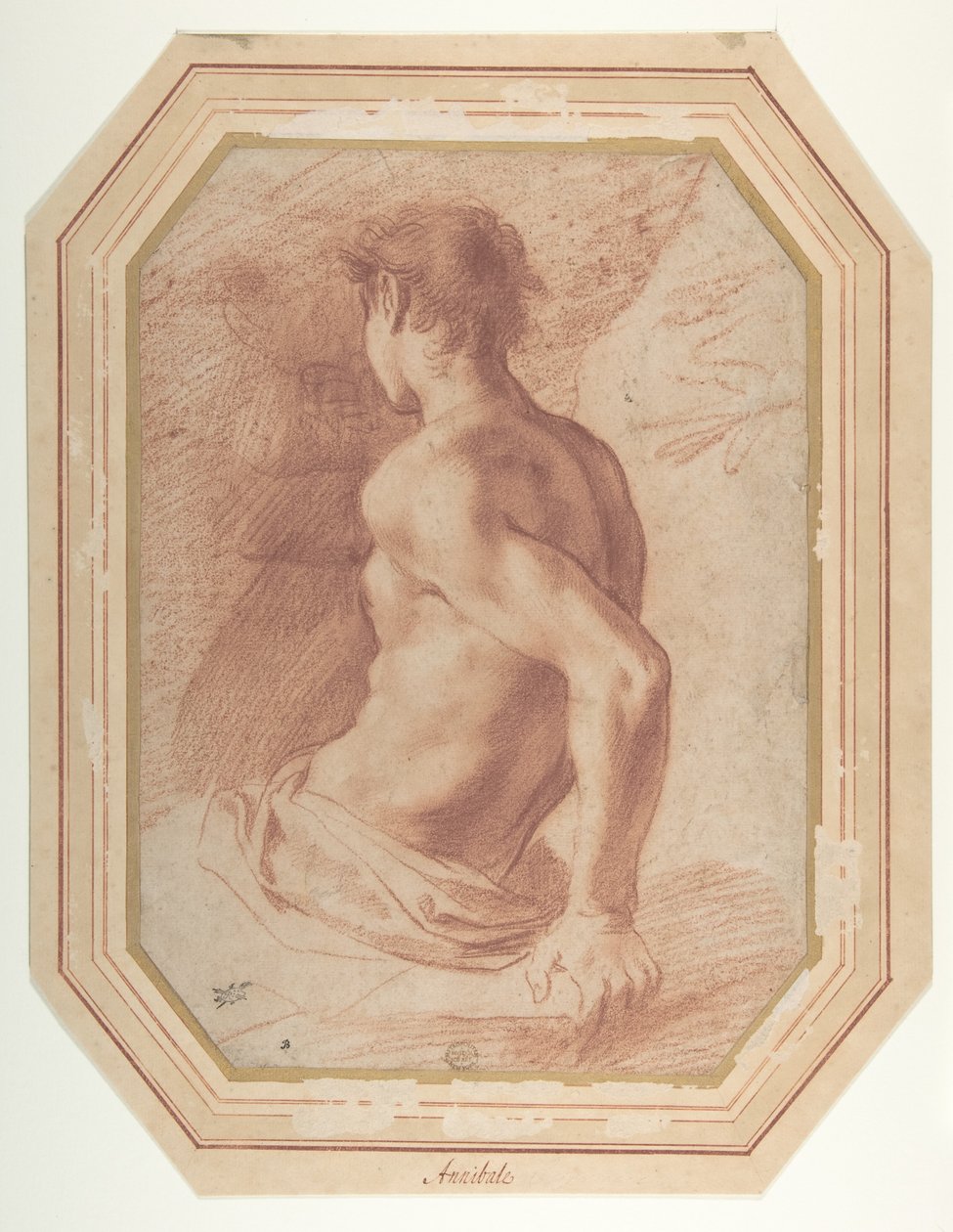 Vista de costas de um jovem nu sentado virado para a esquerda de Annibale Carracci