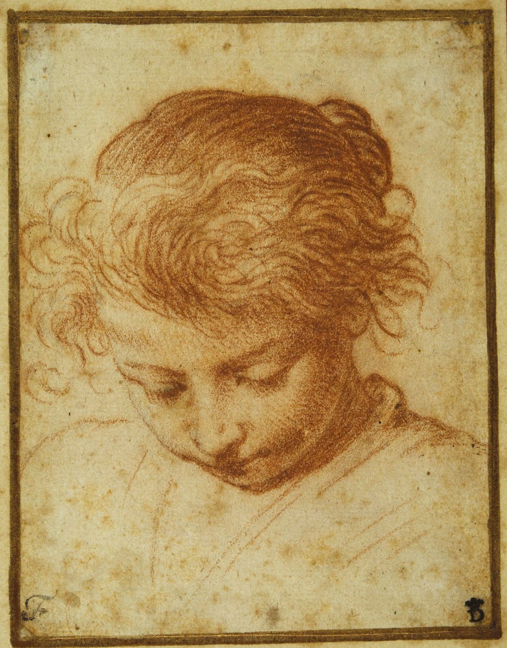 Cabeça de uma jovem olhando para baixo (giz vermelho sobre papel creme) de Annibale Carracci