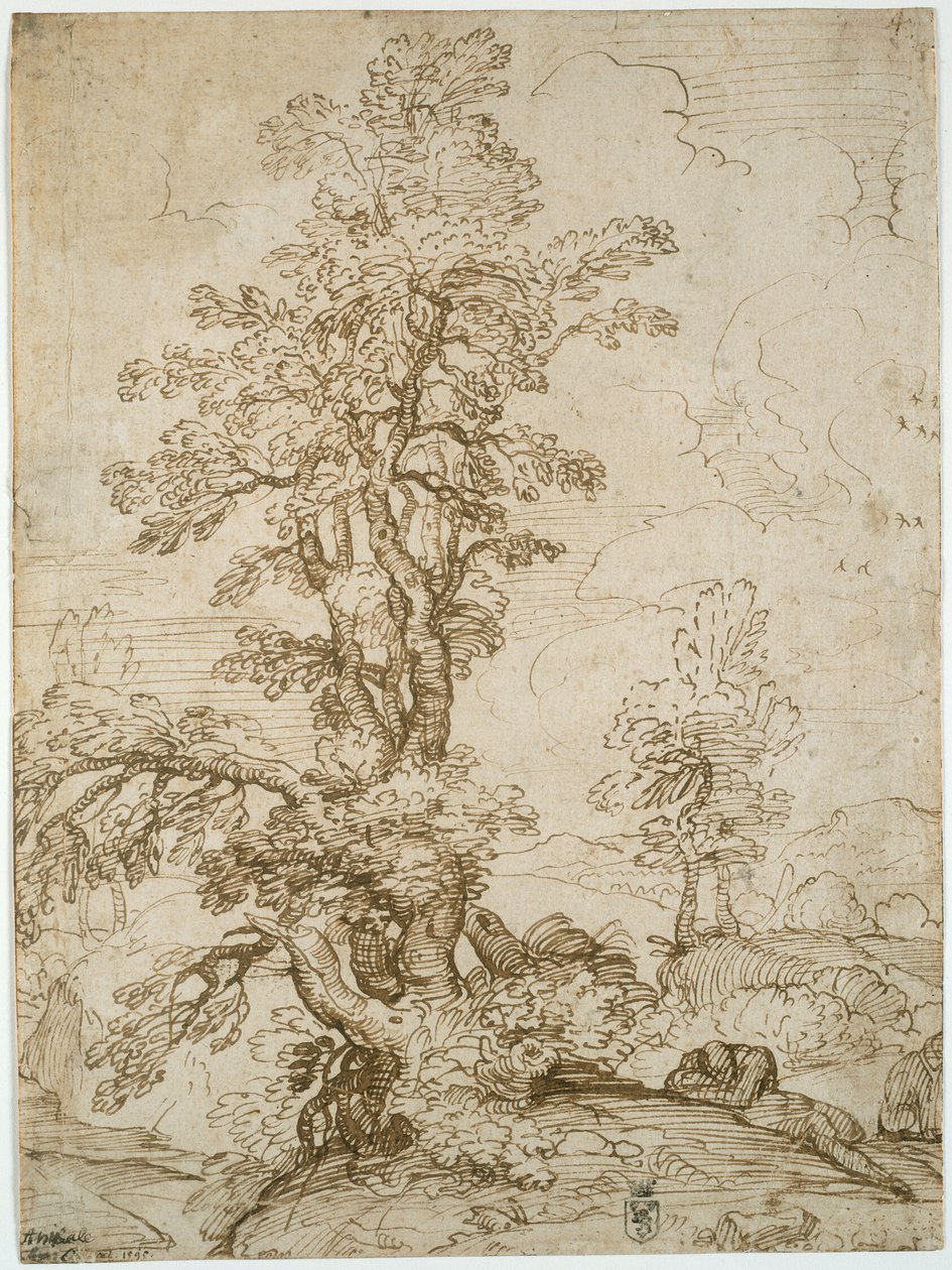 Paisagem com um homem a dormir debaixo de uma árvore (anverso); Paisagem com um cavaleiro (verso) de Annibale Carracci