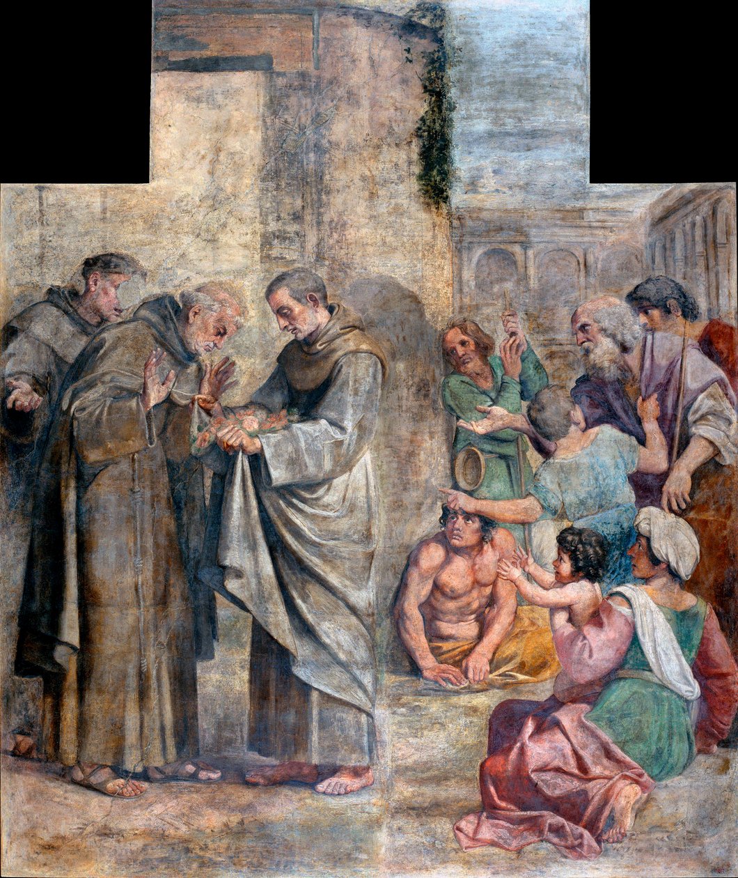 O Milagre das Rosas - Acusado de roubar comida, o monge franciscano espanhol São Diego de Alcalá (1400-1463) descobre que a comida escondida no seu manto para dar aos pobres se transformou em rosas - Pintura de Annibale Carracci (An de Annibale Carracci