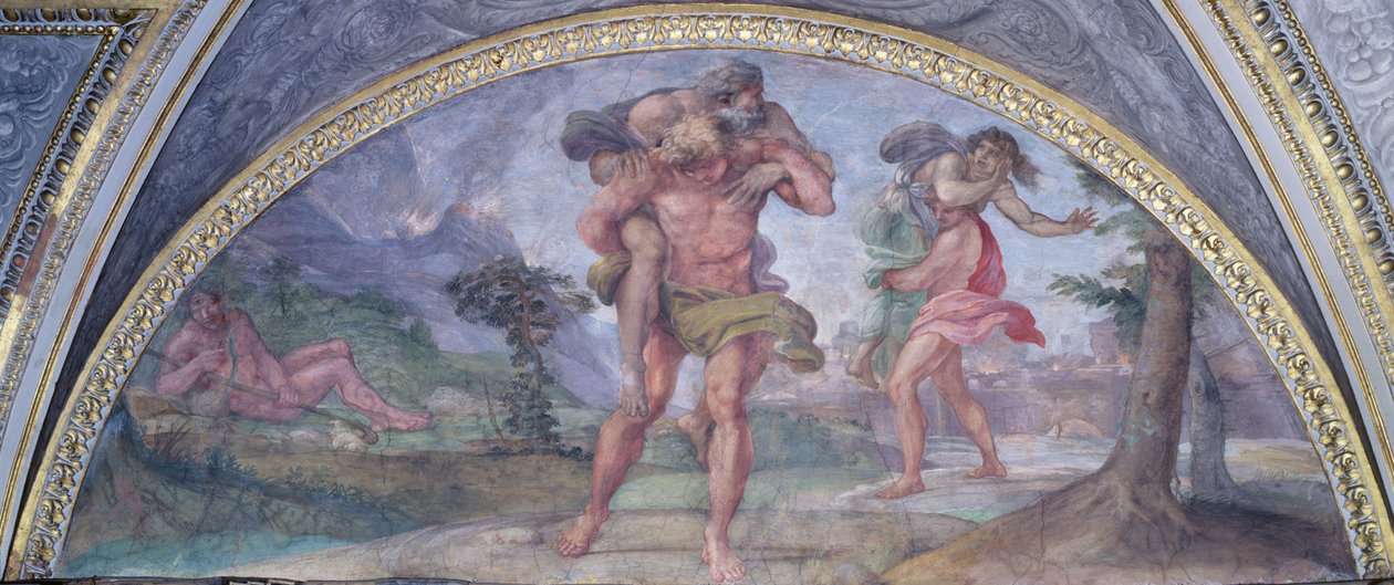 Lunette representando Enéias fugindo de Burning Troy carregando seu pai Anchises Seguido por Ascanius carregando sua mãe, do Camerino, 1596 de Annibale Carracci