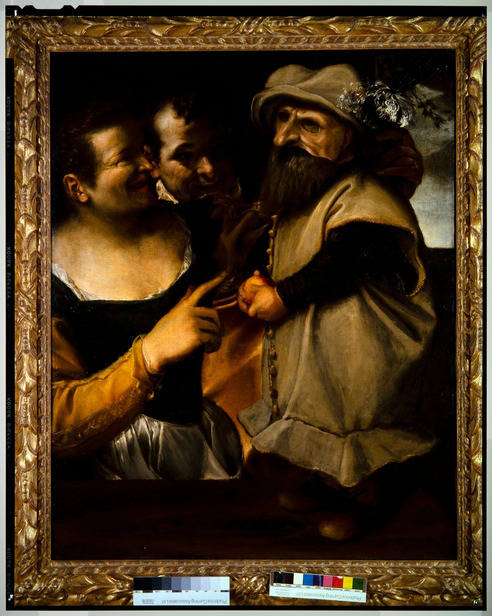 Homem e mulher admirando uma criança em traje de máscaras, c.1582-85 (óleo sobre tela) de Annibale Carracci