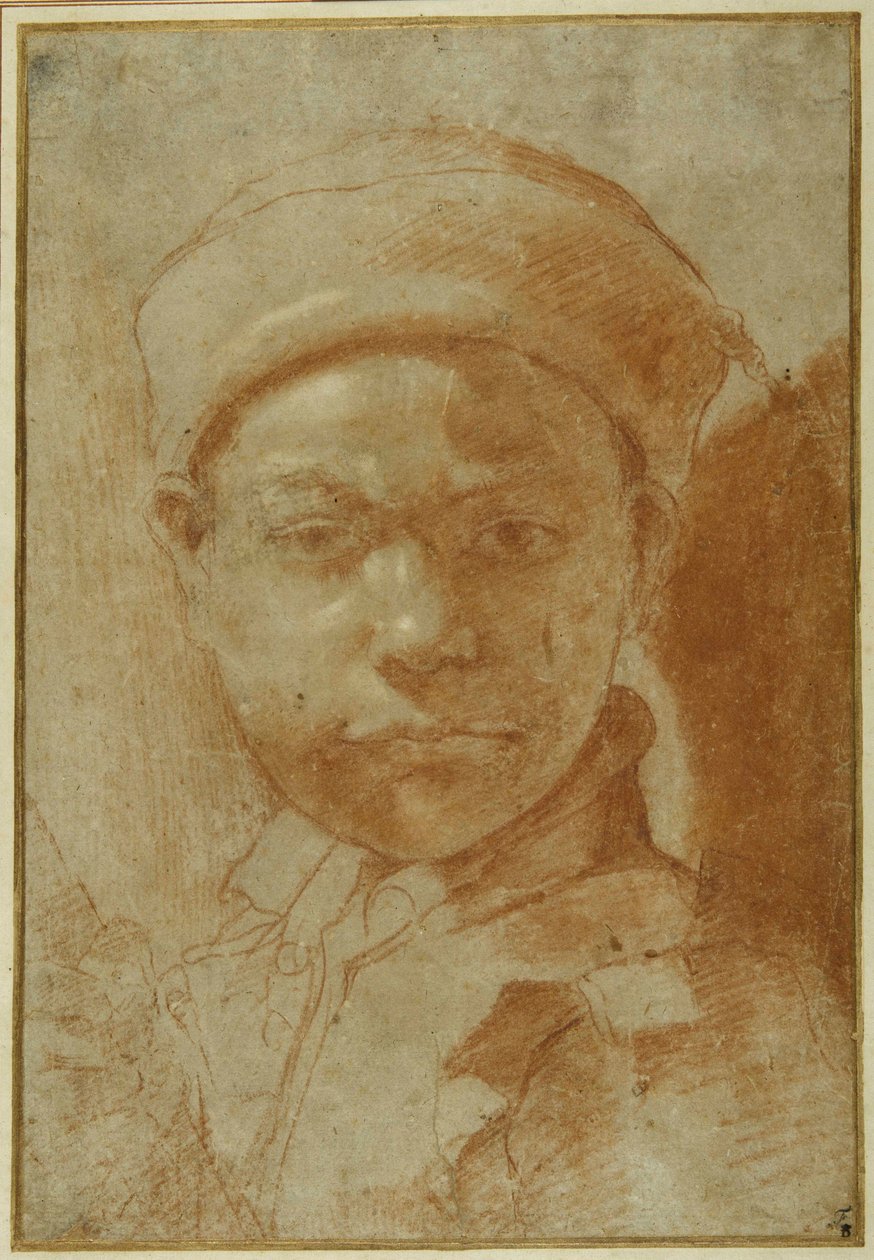 Retrato de um jovem, com busto, usando uma tampa redonda (giz vermelho sobre papel cinzento) de Annibale Carracci