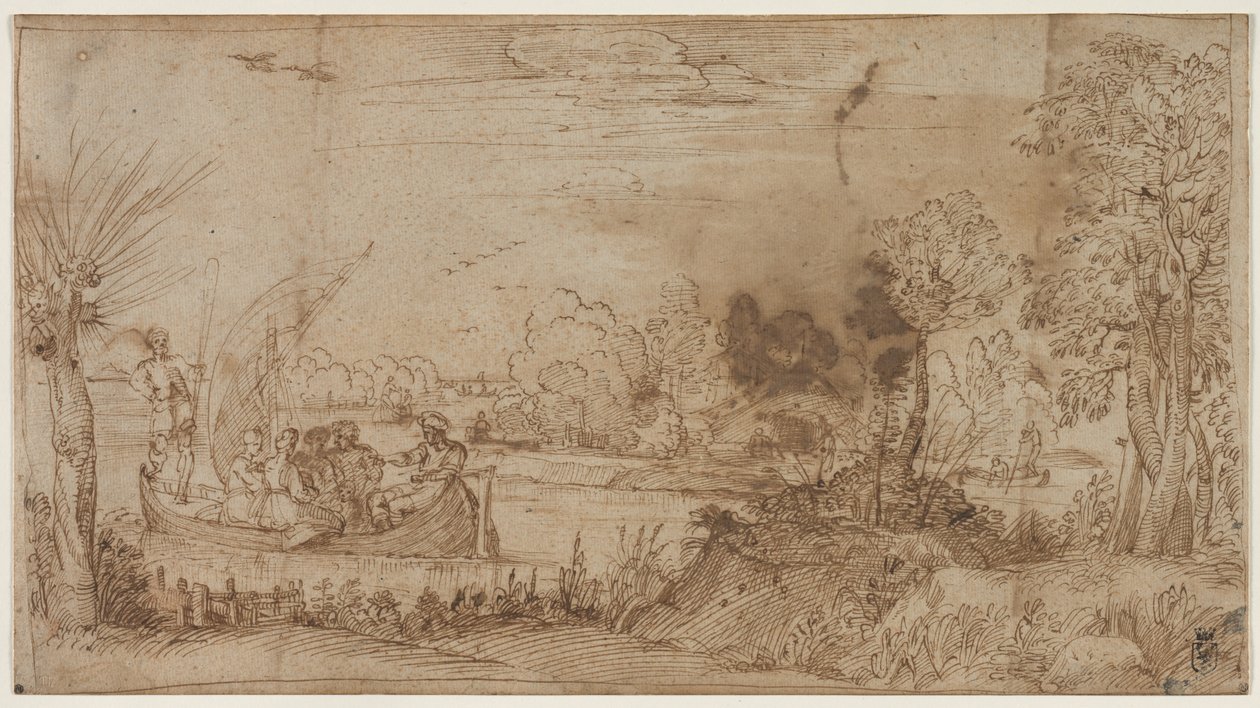 Paisagem fluvial com barcos de Annibale Carracci