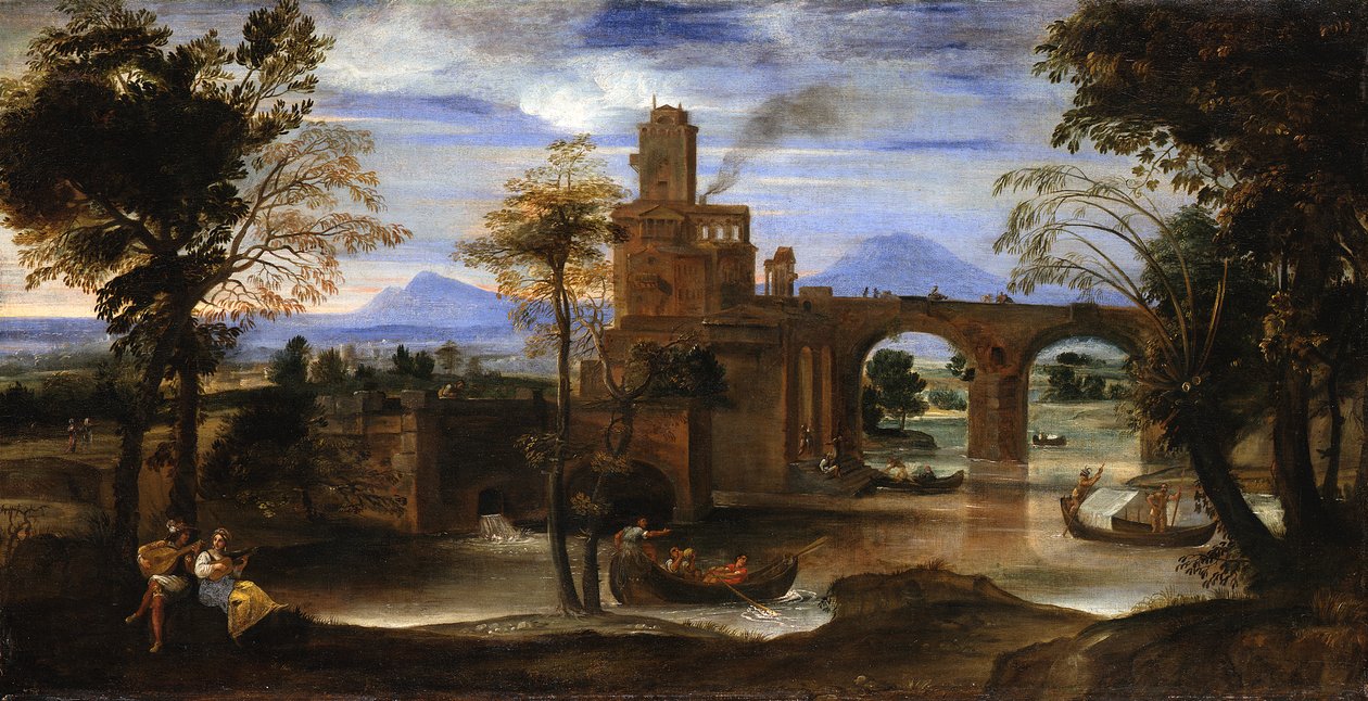 Paisagem fluvial romana com castelo e ponte de Annibale Carracci