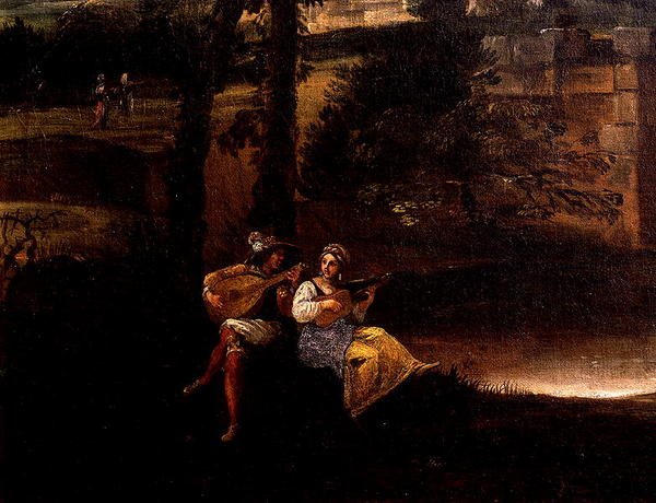 Paisagem Romana com Ponte (óleo sobre tela) (detalhe de 186429 e 186430) de Annibale Carracci