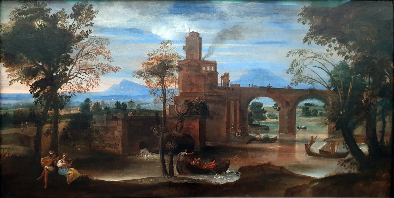 Paisagem fluvial romana com forte e ponte de Annibale Carracci