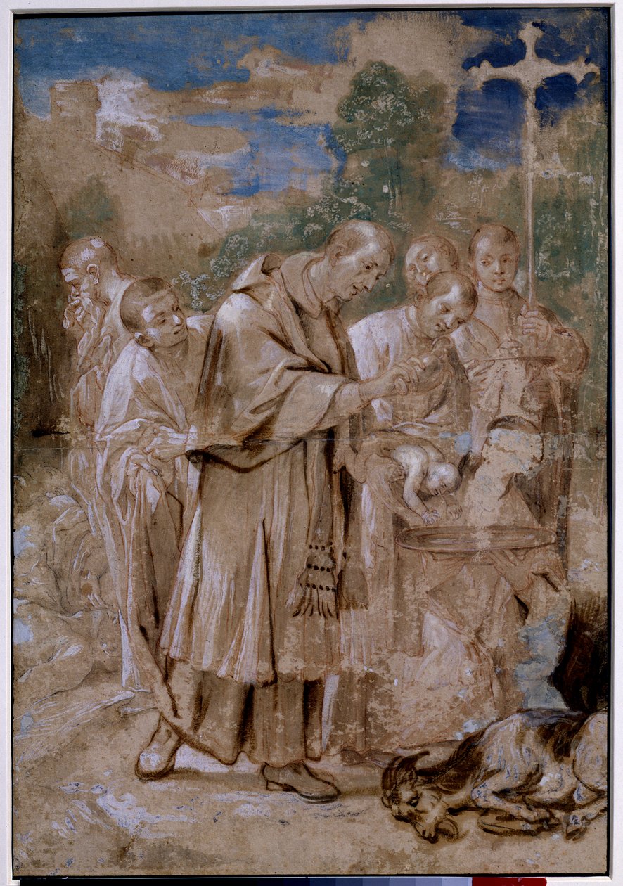 São Carlos Borromeo a baptizar uma criança. A ovelha morta e os esboços de camadas de corpos ao lado dos quais um homem fecha o nariz para não respirar o cheiro sugere que o desenho retrata o arco de São Carlos Borromeo de Milão (Carlo Borromeo de Annibale Carracci