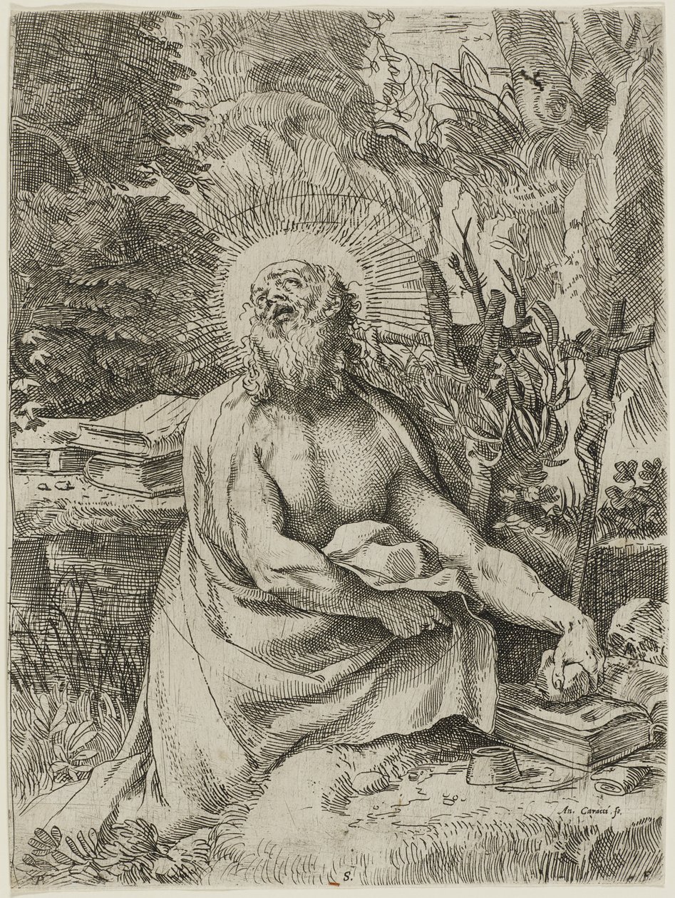 São Jerônimo no Deserto, c.1591 (gravura com gravura sobre papel avergoado, iiiiv) de Annibale Carracci