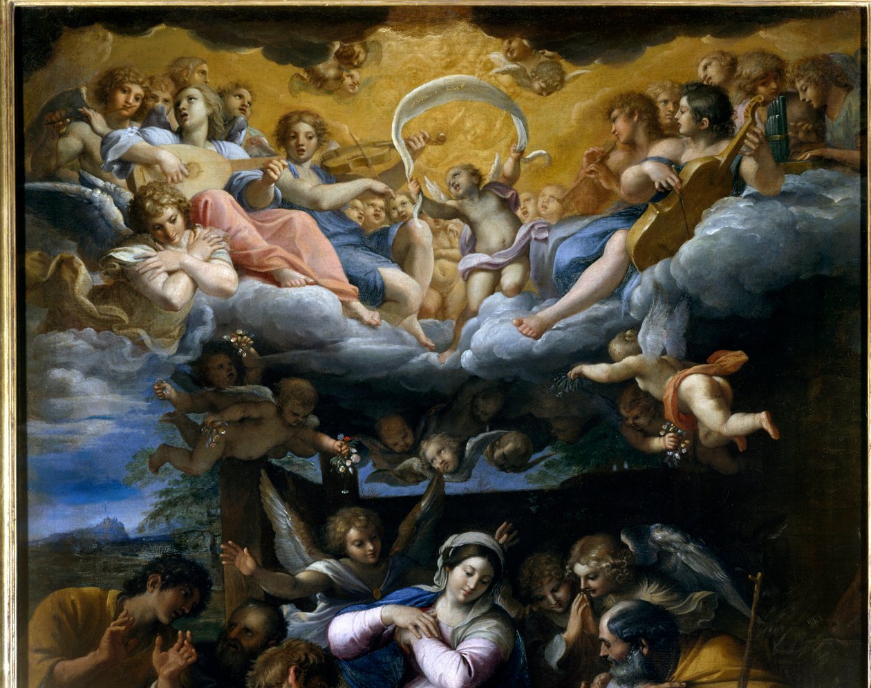 A Adoração dos Pastores Detalhe representando um concerto de anjos celestiais cantando a glória de Deus. Pintura de Annibale Carracci ou Annibal Carrache (1560-1609). 1597. Orleans, Museu de Belas Artes. de Annibale Carracci