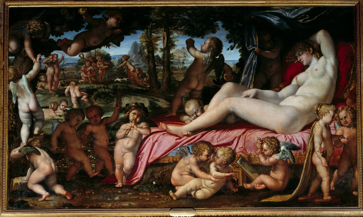 The Sleep of Venus Painting by Annibale Carracci ou Annibal Carrache (1560-1609) 1602 Sun. 1,9x3,28 m Chantilly, Musee Conde de Annibale Carracci