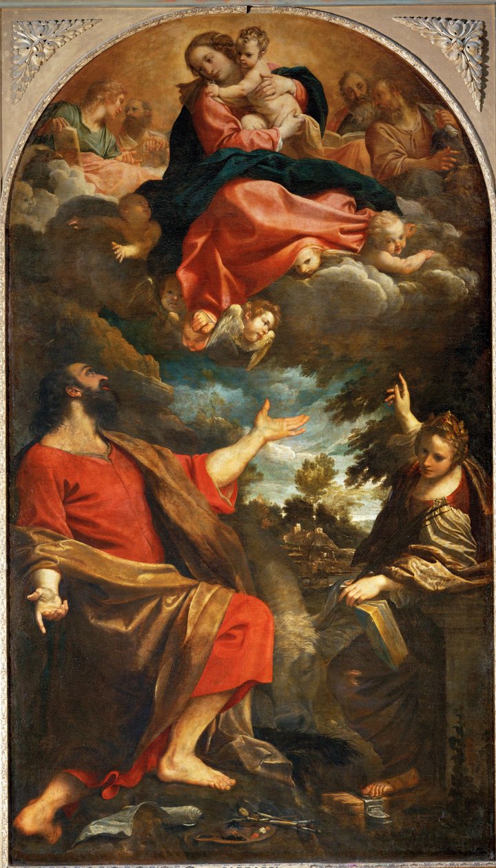 A Virgem aparece a São Lucas e a Santa Catarina ... de Annibale Carracci