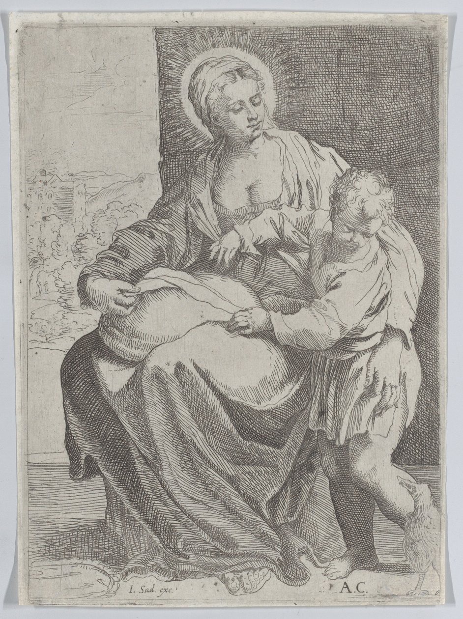 A Virgem sentada segurando uma almofada no colo com o jovem Cristo de pé à direita..., 1580-1600. de Annibale Carracci