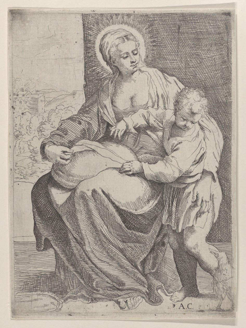 A Virgem sentada segurando uma almofada no colo com o jovem Cristo de pé à direita..., 1580-1600. de Annibale Carracci