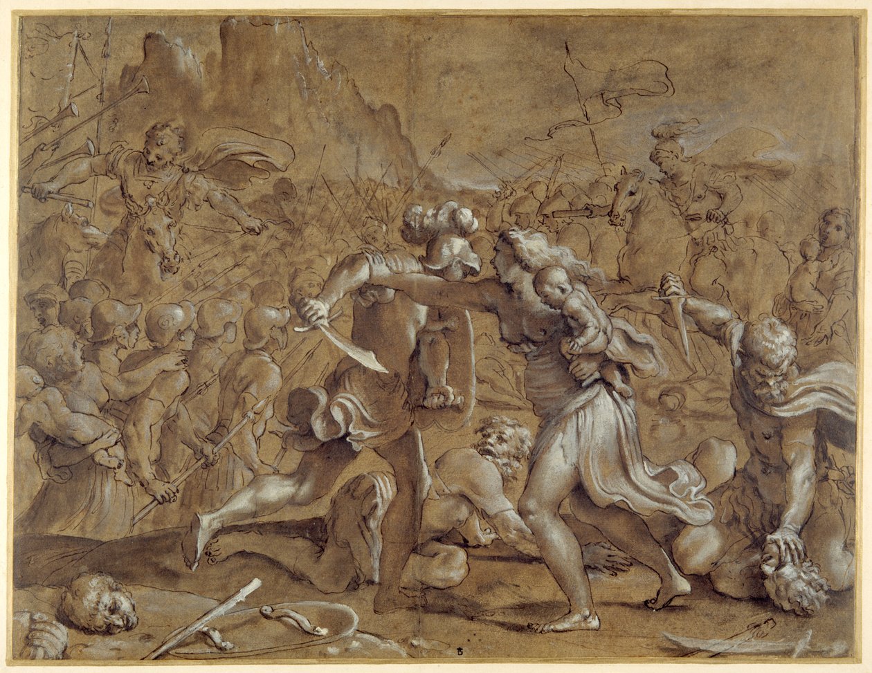 A batalha entre os Romanos e os Sabines (caneta e tinta com lavagem e guache sobre papel) de Annibale Carracci
