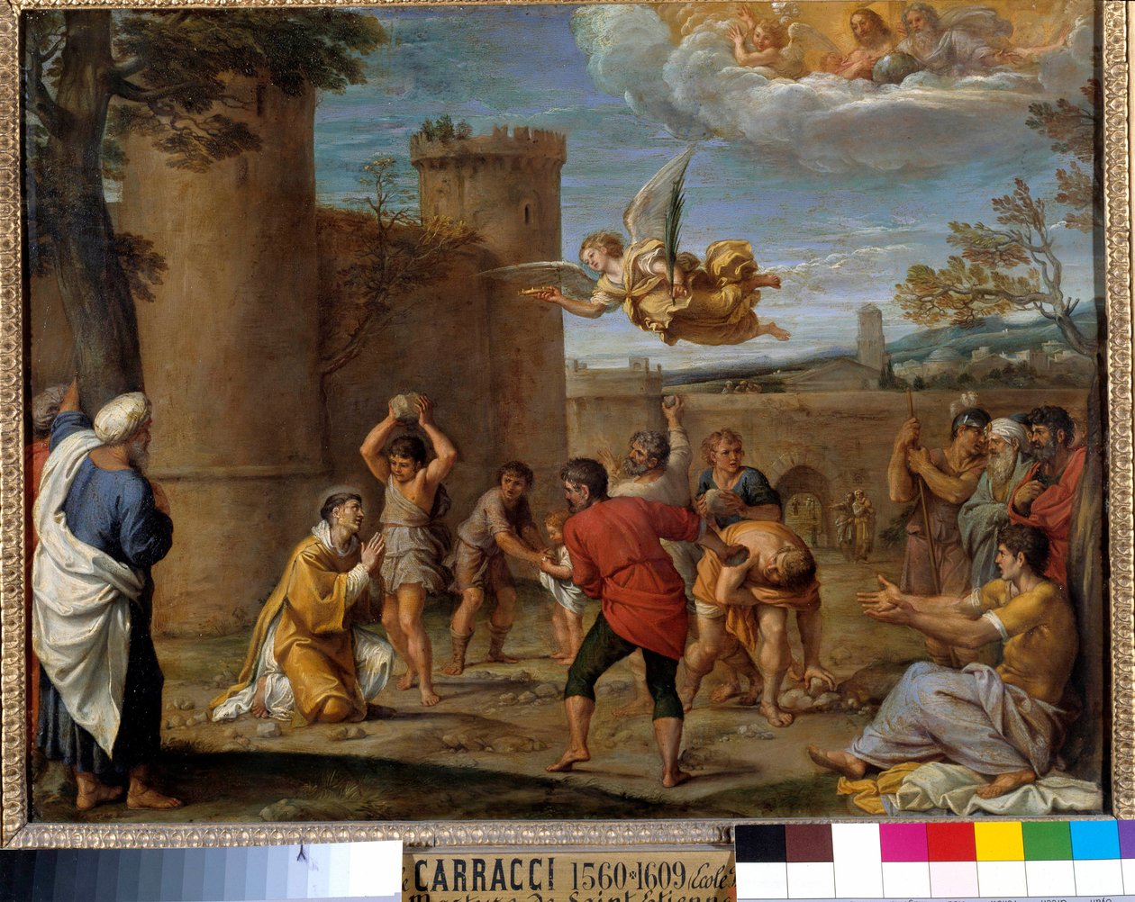 O apedrejamento de Santo Estêvão: Santo Estêvão (Stephane), foi o primeiro mártir cristão que morreu por apedrejamento em 36 AD. JC. Pintura de Annibale Carracci ou Annibal Carrache (1560-1609). Século XVI. Dim 0,42 x 0,54 m Paris, de Annibale Carracci