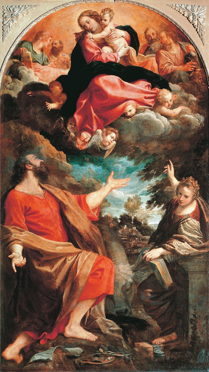 Virgem aparece aos Santos Lucas e Catarina por Annibale Carracci (1560-1609), óleo sobre tela, 401x226 cm, cerca de 1592 de Annibale Carracci