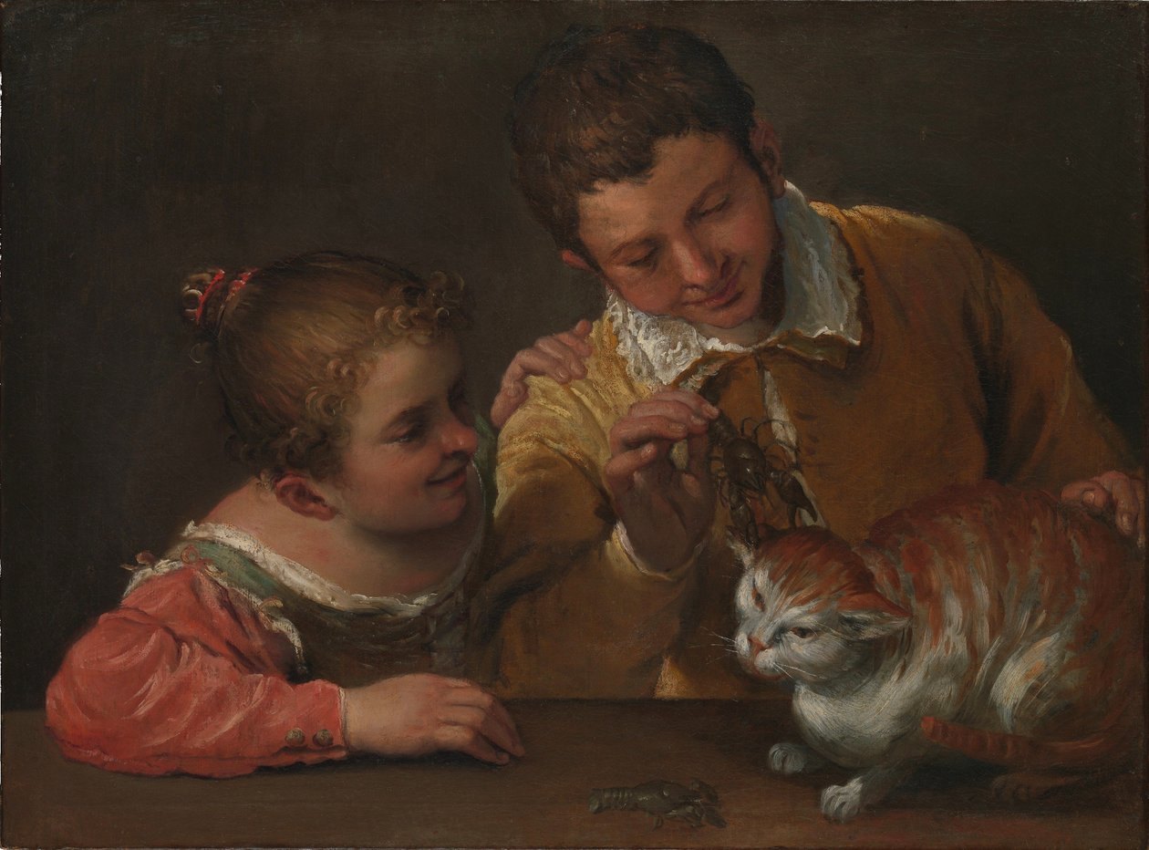 enDuas crianças a provocar um gato de Annibale Carracci