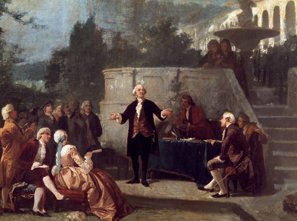 O dramaturgo italiano Carlo Goldoni (1707-1793) declara um soneto perante os membros da Colonia Alfea (equivalente à Academia de Arcádia em Pisa) no Scotto Garden of Pisa Painting de Annibale Gatti (1828 - 1909) de Annibale Gatti