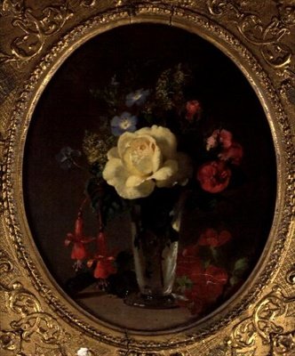 Natureza Morta de uma Rosa Amarela, Mignonette e Fuchsias (óleo a bordo) de Annie Feray Mutrie